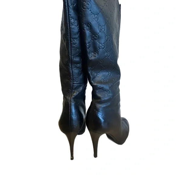 Vintage Black Embossed Monogram Knee-High Platform Stiletto Boots – EU 38 - Picture 4 of 17